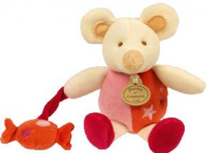 Doudou souris rose rouge et blanc, tenant un bonbon Doudou et compagnie, Oxybul - Eveil et jeux