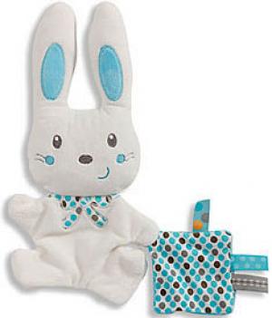 Doudou lapin blanc et bleu tenant un mouchoir à pois Nicotoy