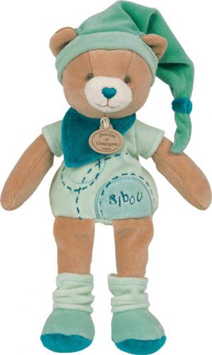 Doudou ours Bibou vert et marron, collection Carambole Doudou et compagnie