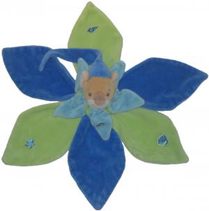 Doudou ours Koala Coco plat étoile, fleur pétales bleu et, vert
