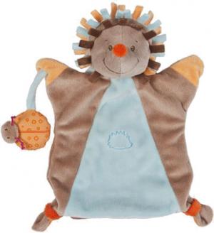 Doudou marionnette hérisson bleu et marron, tenant une coccinelle orange Nattou