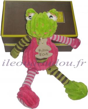 Doudou peluche grenouille vert et rose, velours côtelé, petit modèle Histoire d'ours