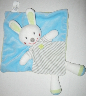 Doudou lapin blanc carré plat bleu, vert et rayé gris et blanc Kiabi - Kitchoun, Nicotoy