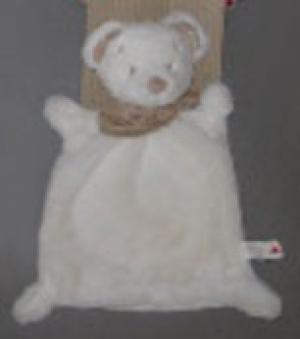 Doudou ours plat blanc bandana marron - petit modèle Nicotoy