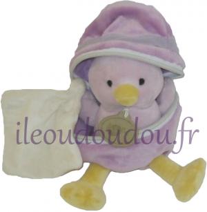 Doudou peluche poussin violet mauve dans sa coquille et tenant un mouchoir Baby Nat