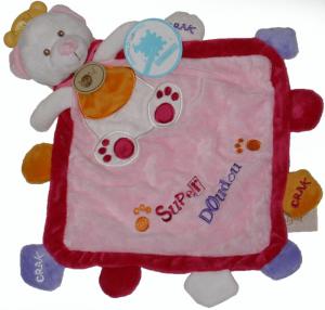 Super doudou ours carré plat blanc, rose et rouge, étiquettes brodées Crak Baby Nat