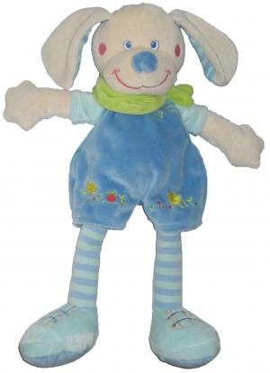 Doudou peluche chien bleu salopette, jambes rayées Mots d'enfant - Leclerc