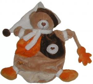 Doudou marionnette ours marron et orange coeur brodé, bonnet et écharpe blanche Baby Nat