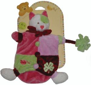 Doudou marionnette chat rose et vert, tenant un trèfle à quatre feuilles Baby Nat