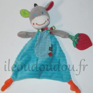 Doudou zèbre cheval  bleu plat  tenant une fraise à mordiller Ouatoo Baby - Maxitoys
