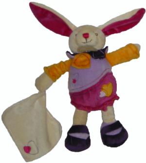 Doudou lapin tenant un mouchoir, violet, mauve, jaune, crème coeurs brodés Baby Nat