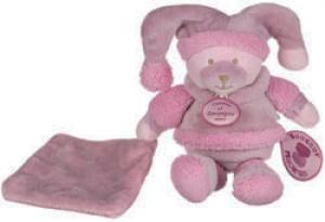 Doudou ours Macaron tenant un  mouchoir  Pétale de rose violet Doudou et compagnie