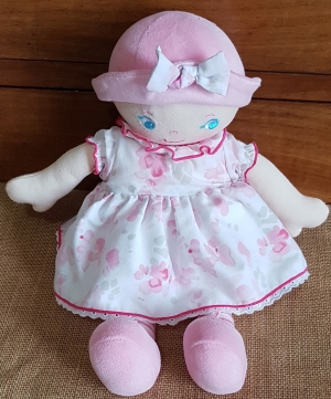 Doudou poupée tissu chiffon robe à fleur rose et blanche Corolle, Vintage