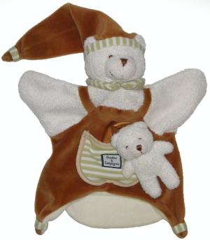 Marionnette ours avec bébé marron, blanc et  rayé vert, bonnet Doudou et compagnie