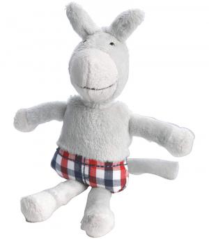 Peluche âne gris short à carreaux rouge et bleu Vertbaudet
