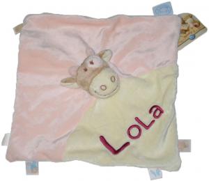 Doudou vache Lola rose et blanc crème, brodé Lola et étiquettes Noukie's