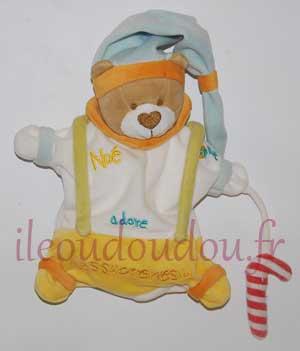 Marionnette ours blanc et jaune Noé adore les sucreries tenant un sucre d'orge - BN299 Baby Nat