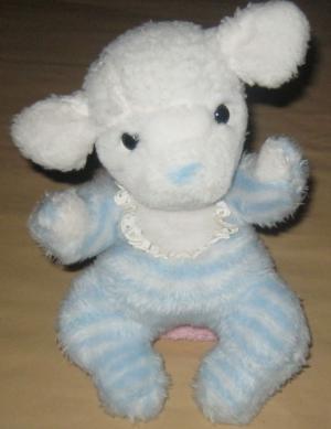 Mouton en peluche bleu et blanc rayé Nounours, Vintage