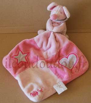 Doudou souris rose tenant un mouchoir, coeur et étoile brodés, collection Luminescents Baby Nat