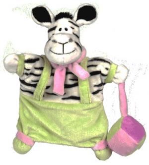Marionnette zèbre en salopette verte doudou Baby Nat