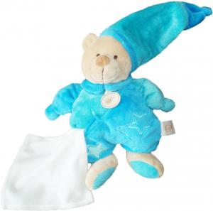 Doudou ours bleu turquoise avec mouchoir et bonnet  Baby Nat