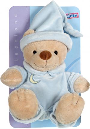 Peluche ours beige en pyjama bleu et bonnet Gipsy
