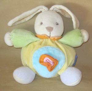 Peluche Kaloo lapin boule jaune avec des ronds sur le ventre 1998-2007 Kaloo