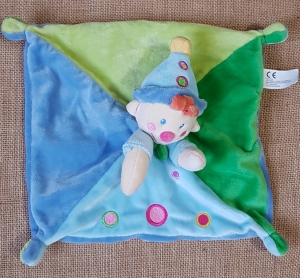 Doudou clown bleu et vert Nicotoy, Kiabi - Kitchoun, Simba Toys (Dickie)