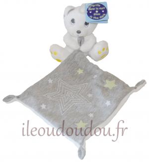 Doudou ours blanc mouchoir gris luminescent  Simba Toys (Dickie), Nicotoy, Kiabi - Kitchoun