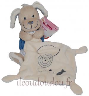 Doudou chien bleu et beige crème tenant un mouchoir Pommette
