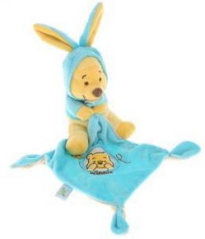 Doudou Winnie l'ourson bleu et jaune capuche et mouchoir Disney Baby, Nicotoy, Simba Toys (Dickie)