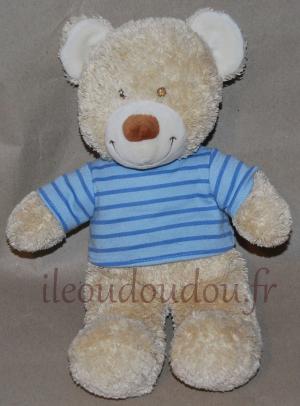 Peluche ours beige pull rayé bleu Tex Baby