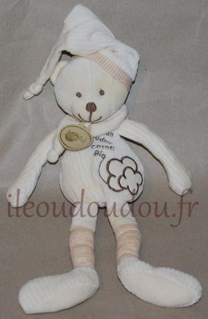 Doudou ours blanc crème et beige en coton BIO Baby Nat