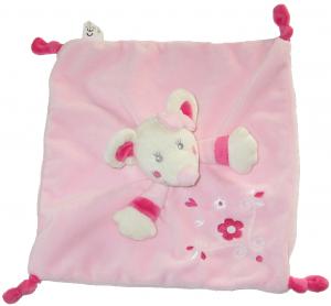 Doudou souris rose plat carré broderie fleurs et coeur Gémo - Vétir, Nicotoy
