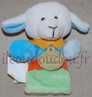 Doudou marinette doigt mouton blanc bleu orange vert Doudou et compagnie