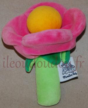 Hochet fleur rose vert et jaune Moulin Roty