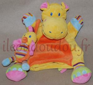Doudou marionnette hippopotame jaune orange tenant un oiseau Nicotoy