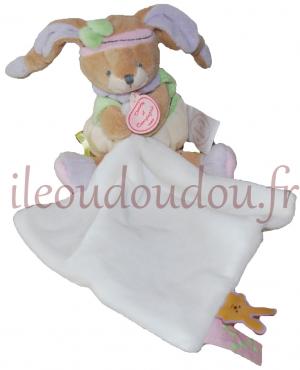 Peluche lapin marron rose mauve vert et crème tenant un mouchoir - Lila - DC2631 Doudou et compagnie