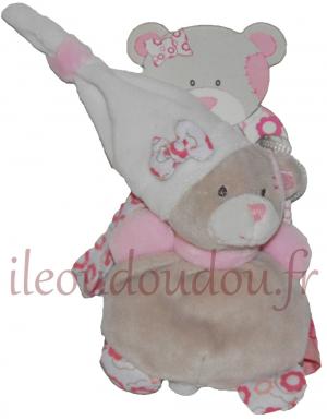 Doudou mini ours attache-tétine rose blan et gris Baby Nat