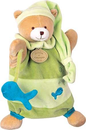 Marionnette ours marron vert et bleu tenant un poisson - DC1321 Doudou et compagnie