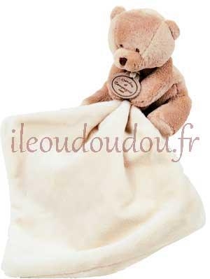 Peluche ours marron tenant un mouchoir crème DC302 Doudou et compagnie