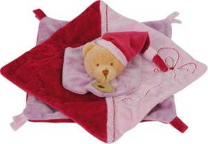 Doudou ours plat carré noeuds rouge et rose Baby Nat