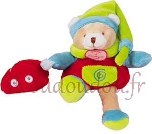 Doudou peluche ours vert et bleu voiture rouge DC2573 Doudou et compagnie