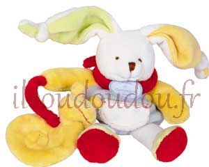 Peluche lapin et escargot blanc jaune et rouge DC2573 Doudou et compagnie