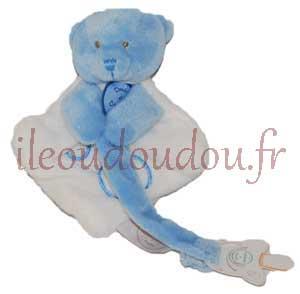 Doudou plat attache-tétine ours bleu et blanc Collector - DC2371 Doudou et compagnie
