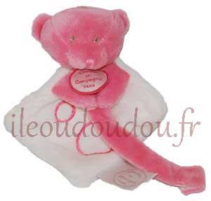 Doudou plat attache-tétine ours rose et blanc Collector - DC2371 Doudou et compagnie