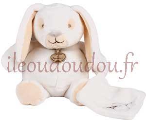 Peluche lapin blanc et beige crème tenant un mouchoir Nature - Petit modèle - DC2590 Doudou et compagnie
