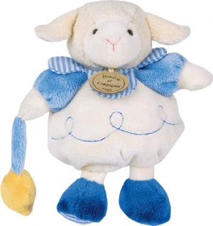 Peluche mouton Gaston boule blanc, bleu, étoile jaune avec grelot, collection les Z'amigolos Doudou et compagnie
