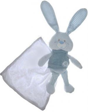 Doudou lapin bleu avec mouchoir, pull tricoté, tissu à carreaux vichy et rayé, cajou Berlingot