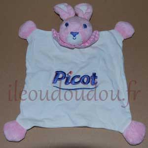 Doudou plat carré lapin blanc et rose Picot, Marques pharmacie